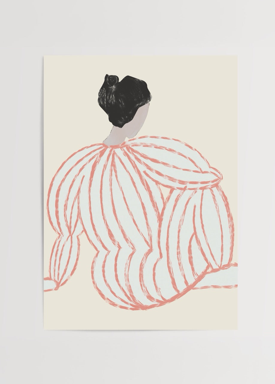 A minimalist illustration of a woman with red curved lines.