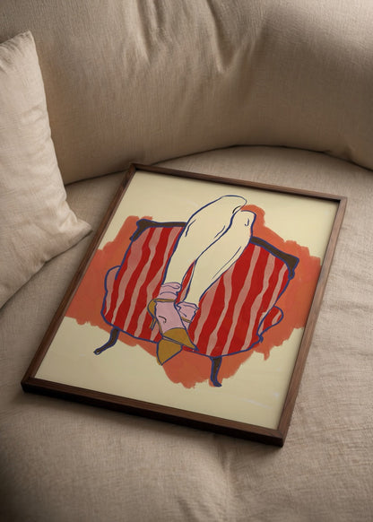 Illustrated poster print featuring legs on a striped red chair.