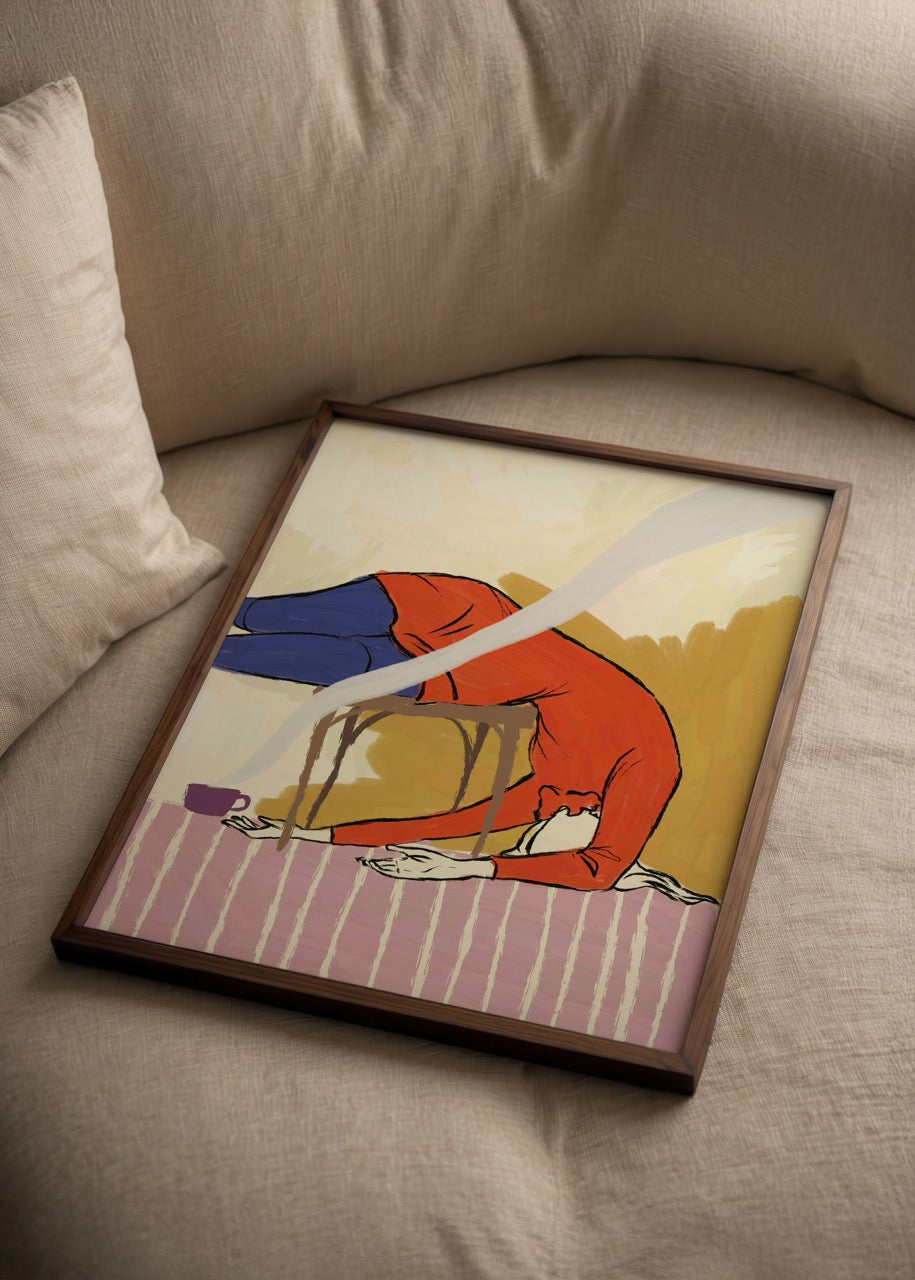 A vibrant illustrated poster featuring a red figure in a relaxed pose, perfect for contemporary wall art.