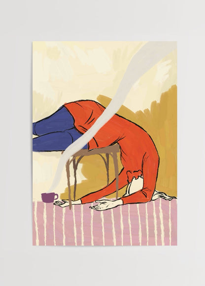 A vibrant illustrated poster featuring a red figure in a relaxed pose, perfect for contemporary wall art.