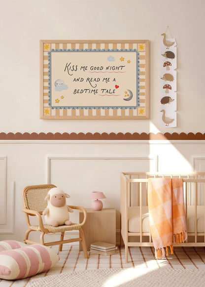 Goodnight Whispers poster featuring clouds, stars, and a crescent moon for children&