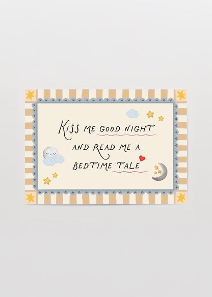 Goodnight Whispers poster featuring clouds, stars, and a crescent moon for children&