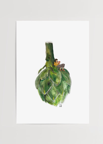 A whimsical artwork featuring a person reading on an artichoke, symbolising a love for books and nature.