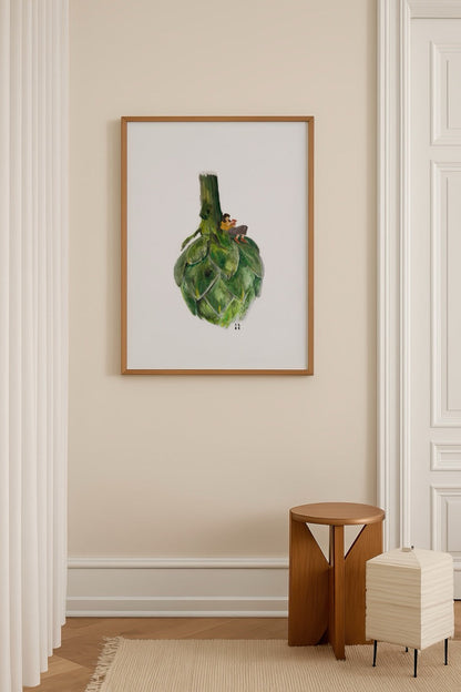 A whimsical artwork featuring a person reading on an artichoke, symbolising a love for books and nature.