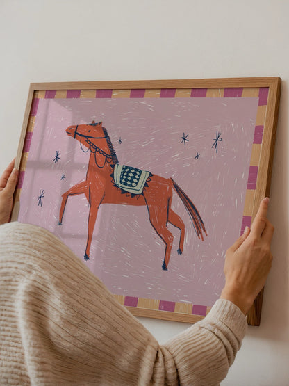 A vibrant illustration of a red horse on a pink background, perfect for playful wall art.