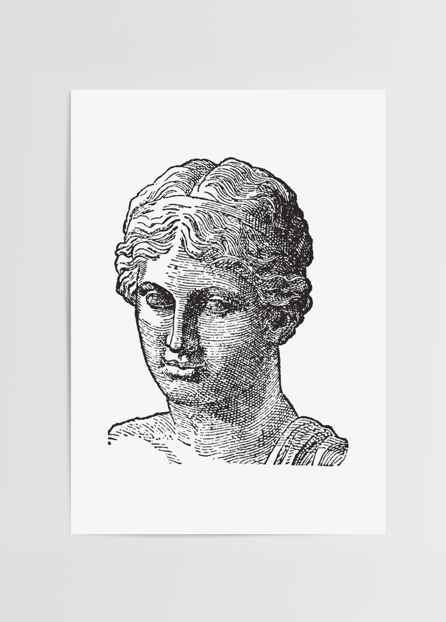 Classic black and white engraving of a bust sculpture showcasing intricate details.