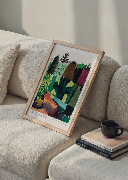 Vibrant landscape artwork featuring rich greens and browns, ideal for wall decor.
