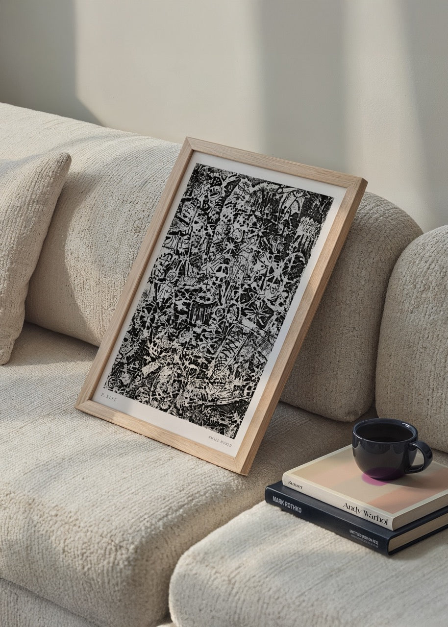Black and white abstract artwork featuring intricate patterns, ideal for modern interior styling.