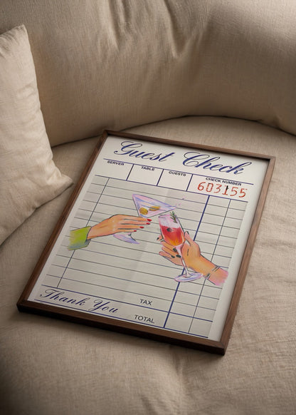 Illustrative art print featuring cocktail glasses and guest check design.