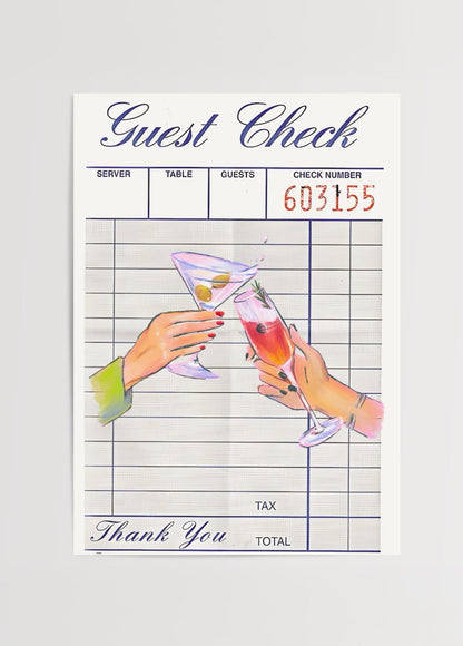 Illustrative art print featuring cocktail glasses and guest check design.