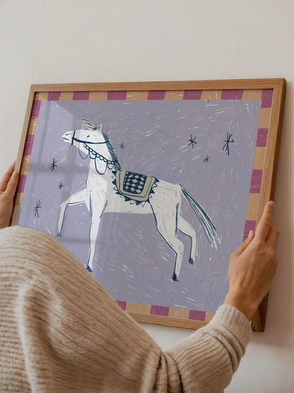 Whimsical illustration of a running white horse on a colourful background.
