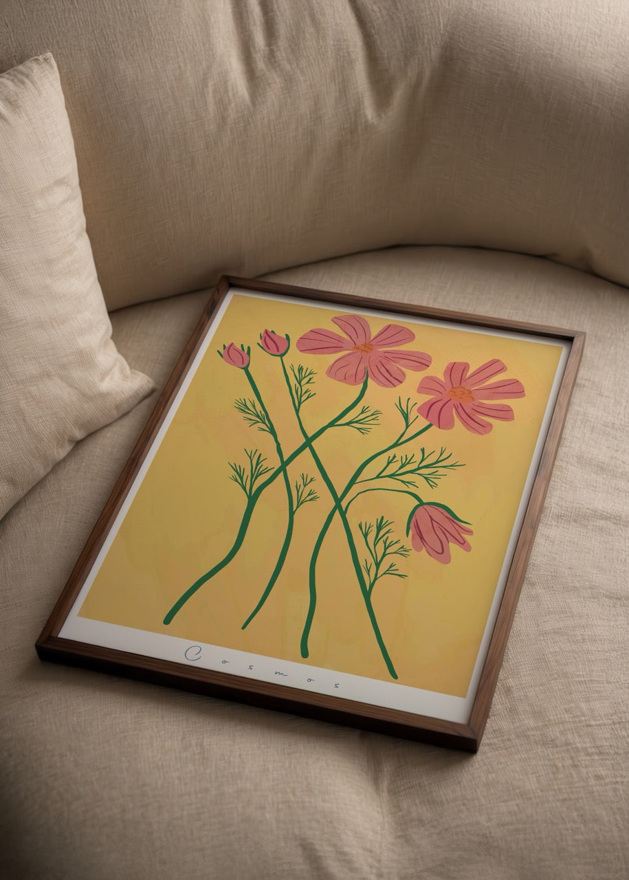 Vibrant cosmos flowers illustration on a warm yellow background.