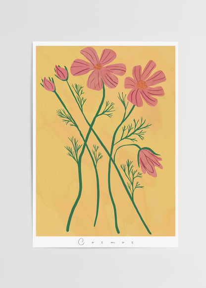 Vibrant cosmos flowers illustration on a warm yellow background.
