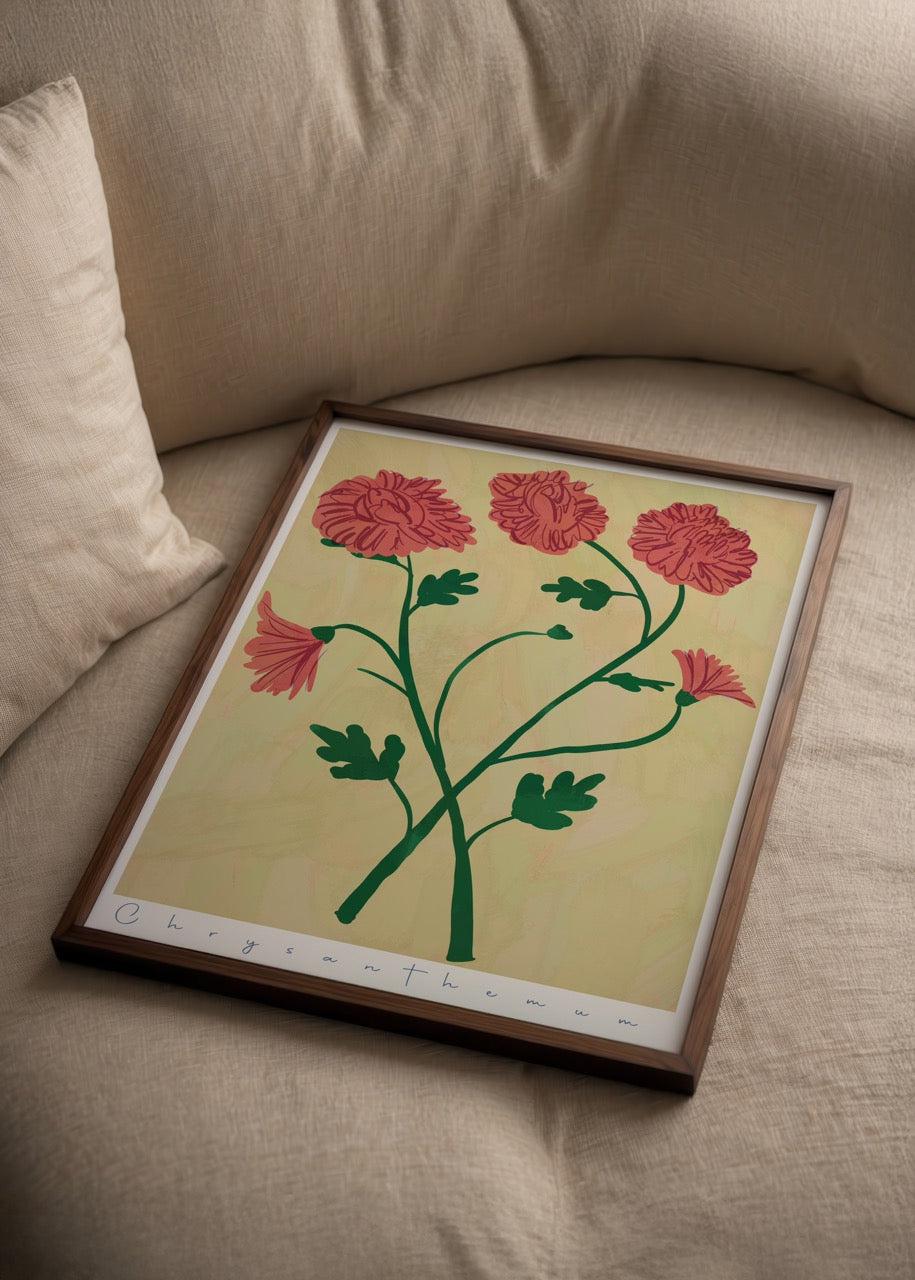 Vibrant chrysanthemum flowers illustration in pink and green.