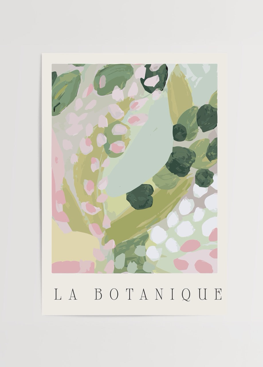 Pastel botanical poster featuring leaves and blooms for wall art.