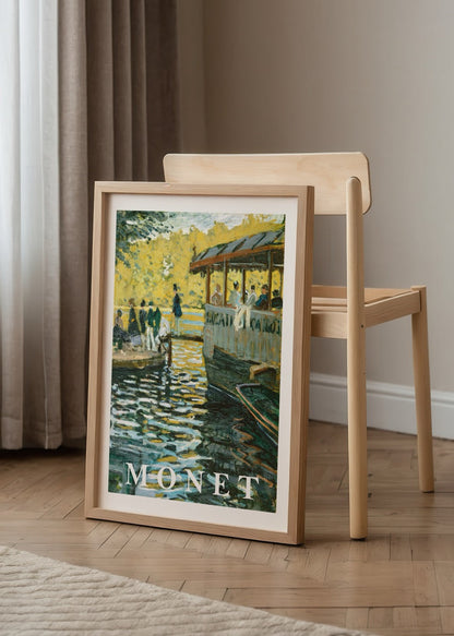 Art print featuring a tranquil waterway scene with sunlight reflections.