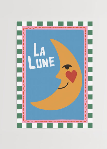 Whimsical poster print featuring a smiling crescent moon on a blue background.