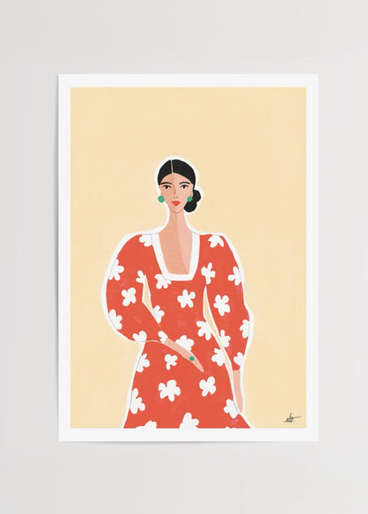 Vibrant artwork of a woman in a red floral dress against a warm backdrop.