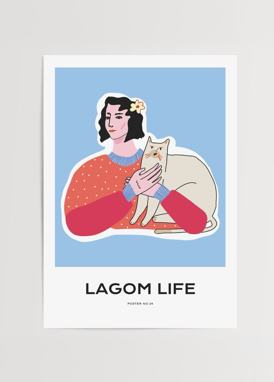 Modern illustration of a person holding a cat, embodying harmony and companionship.