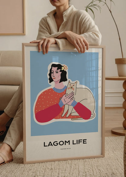 Modern illustration of a person holding a cat, embodying harmony and companionship.
