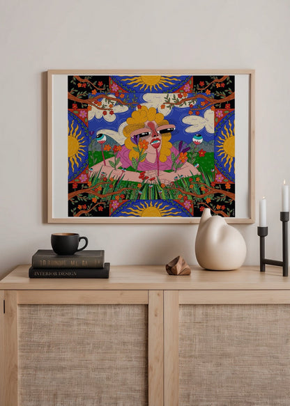 Vibrant poster print featuring whimsical nature elements and bold colours.
