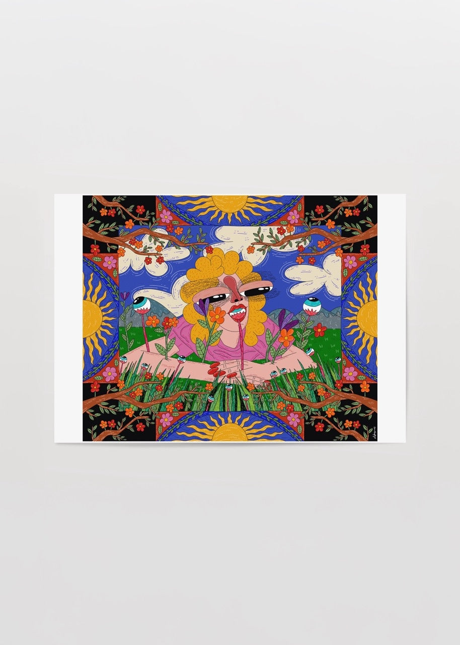 Vibrant poster print featuring whimsical nature elements and bold colours.