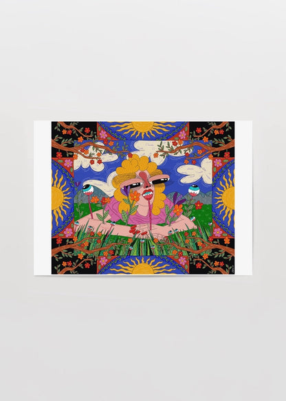 Vibrant poster print featuring whimsical nature elements and bold colours.