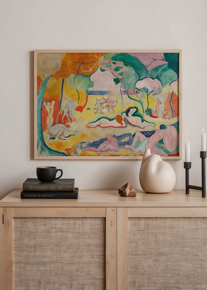 Joyful Reverie wall art poster featuring a vibrant landscape with figures in a serene setting.