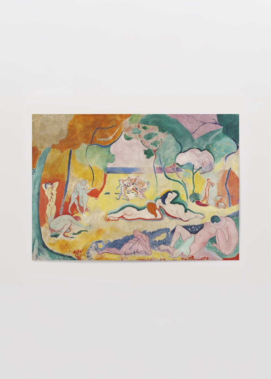 Joyful Reverie wall art poster featuring a vibrant landscape with figures in a serene setting.