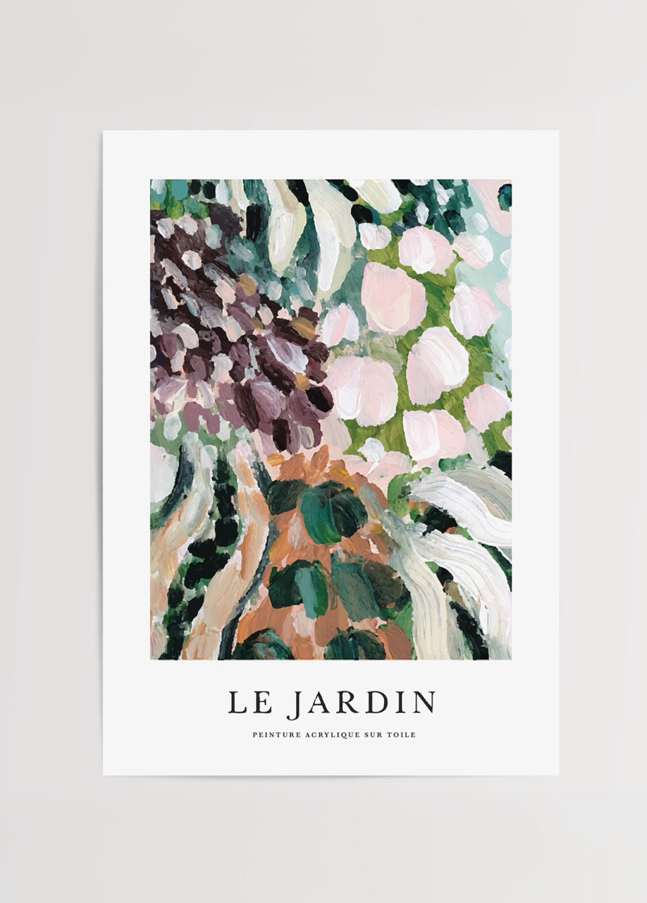Vibrant botanical wall art featuring lush green and pink foliage.