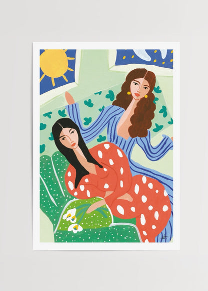 Colourful artwork depicting two women in an autumn setting, perfect for wall decor.