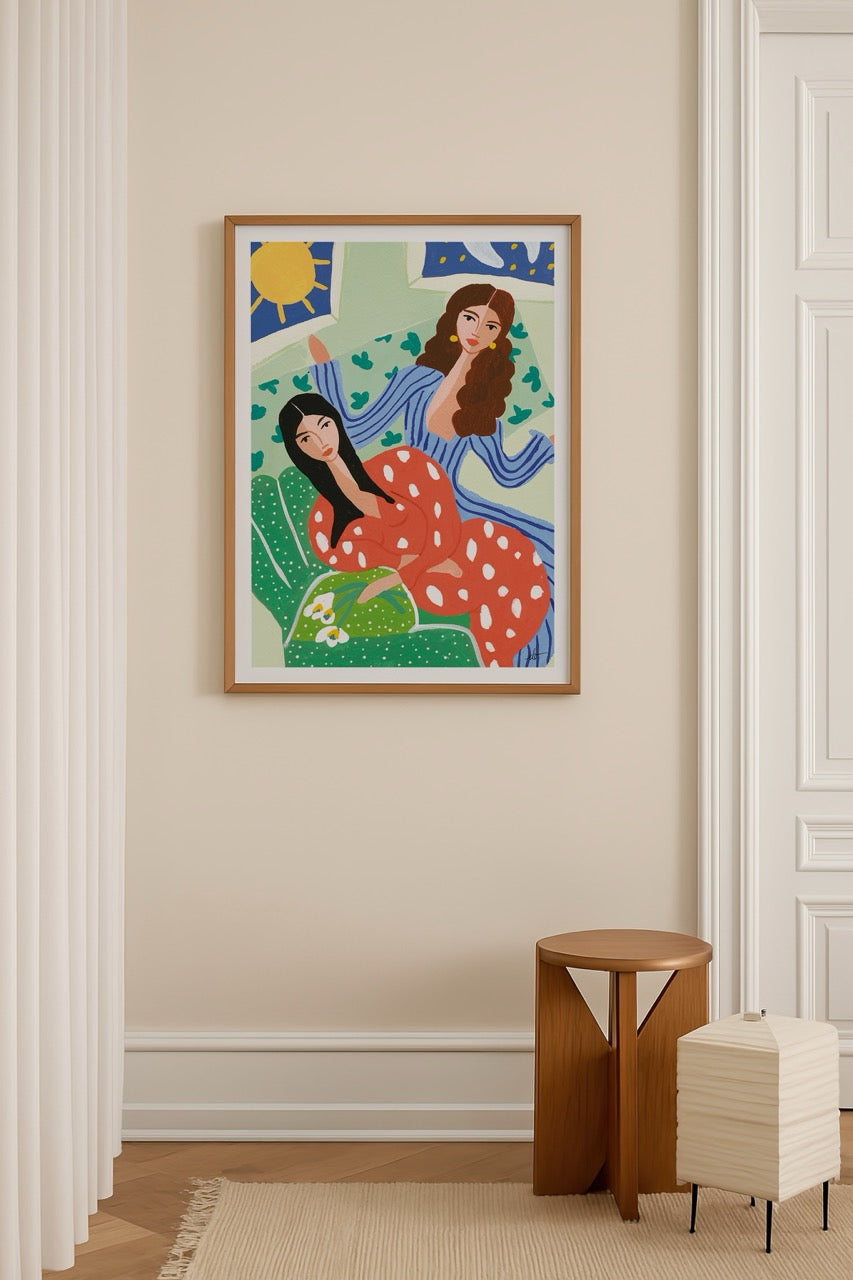 Colourful artwork depicting two women in an autumn setting, perfect for wall decor.