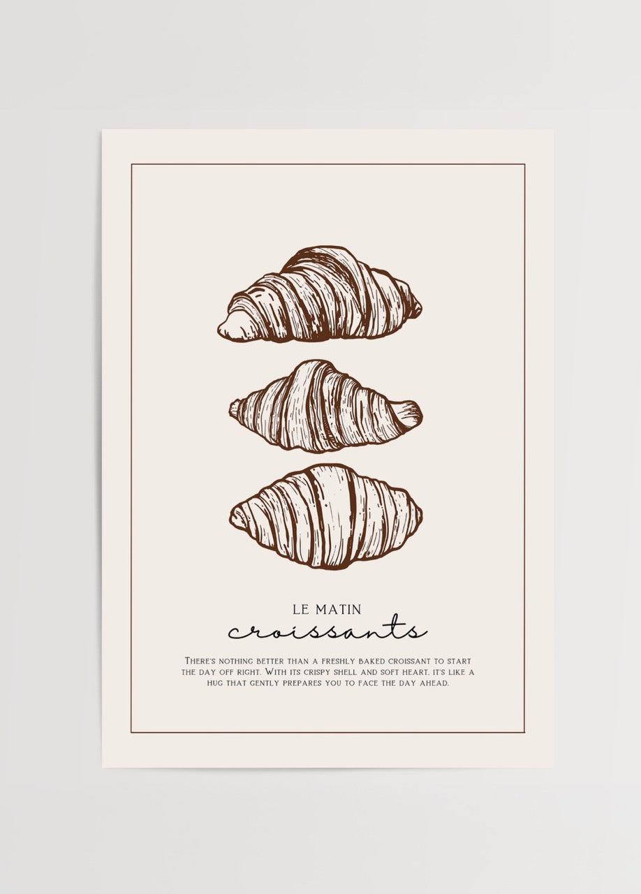 Illustration of three croissants on a beige background.