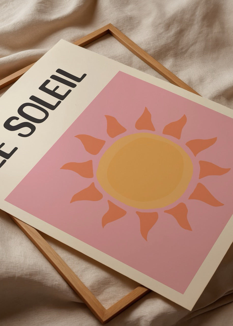 Vibrant sun illustration in a pink background with bold text.