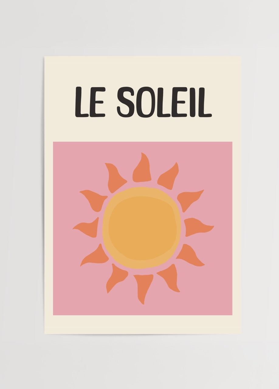 Vibrant sun illustration in a pink background with bold text.