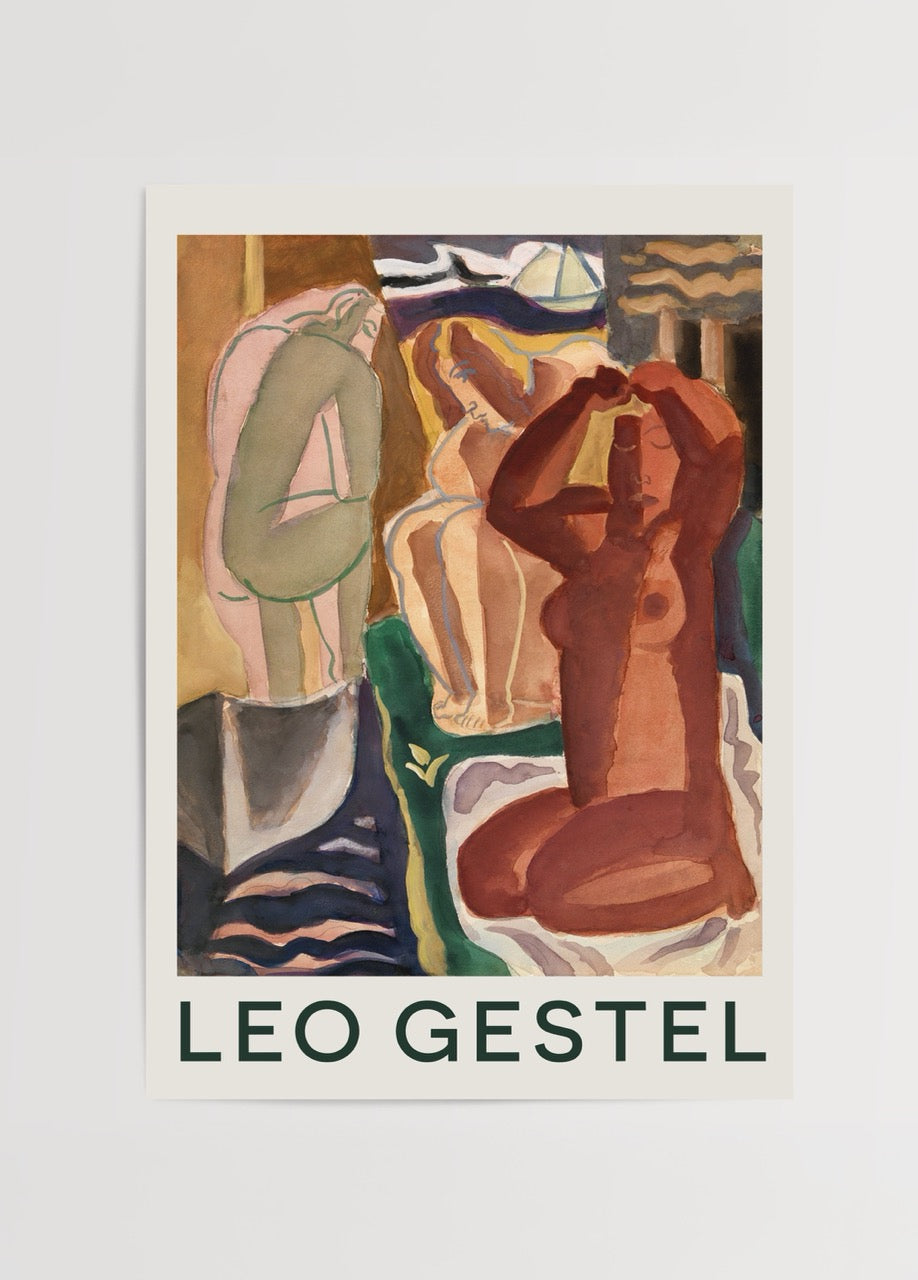 Artistic depiction of two bathing women in warm tones, perfect for wall decor.