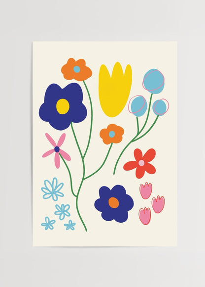Vibrant floral illustration featuring multicolour flowers on a cream background.