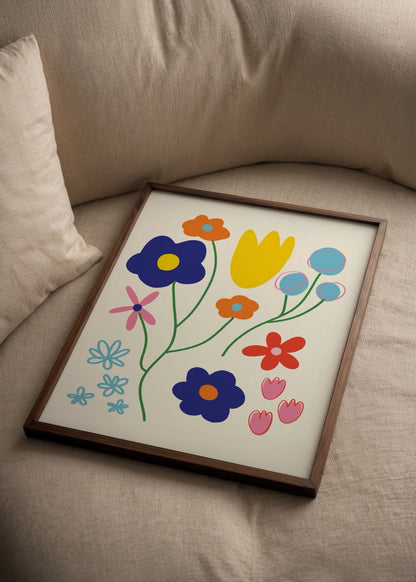 Vibrant floral illustration featuring multicolour flowers on a cream background.