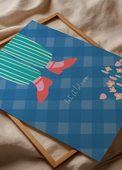 A vibrant poster print featuring a whimsical design with flowers and striped pants.