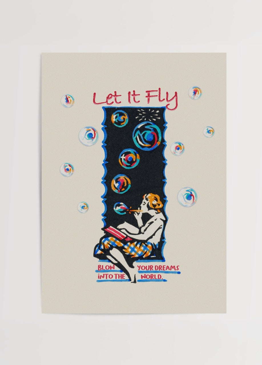Let It Fly Poster Print featuring a woman blowing bubbles with a whimsical design.