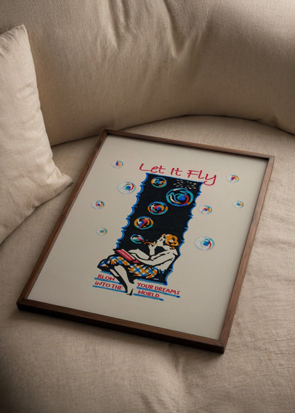Let It Fly Poster Print featuring a woman blowing bubbles with a whimsical design.