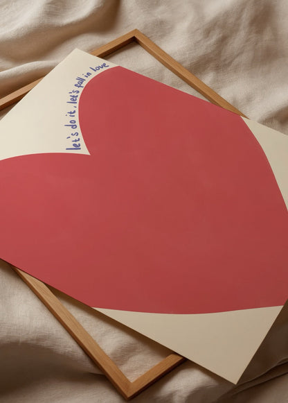 A vibrant red heart on a soft beige background with the text &