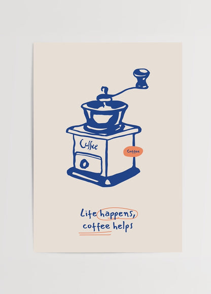 Whimsical illustration of a coffee grinder with a beige background.