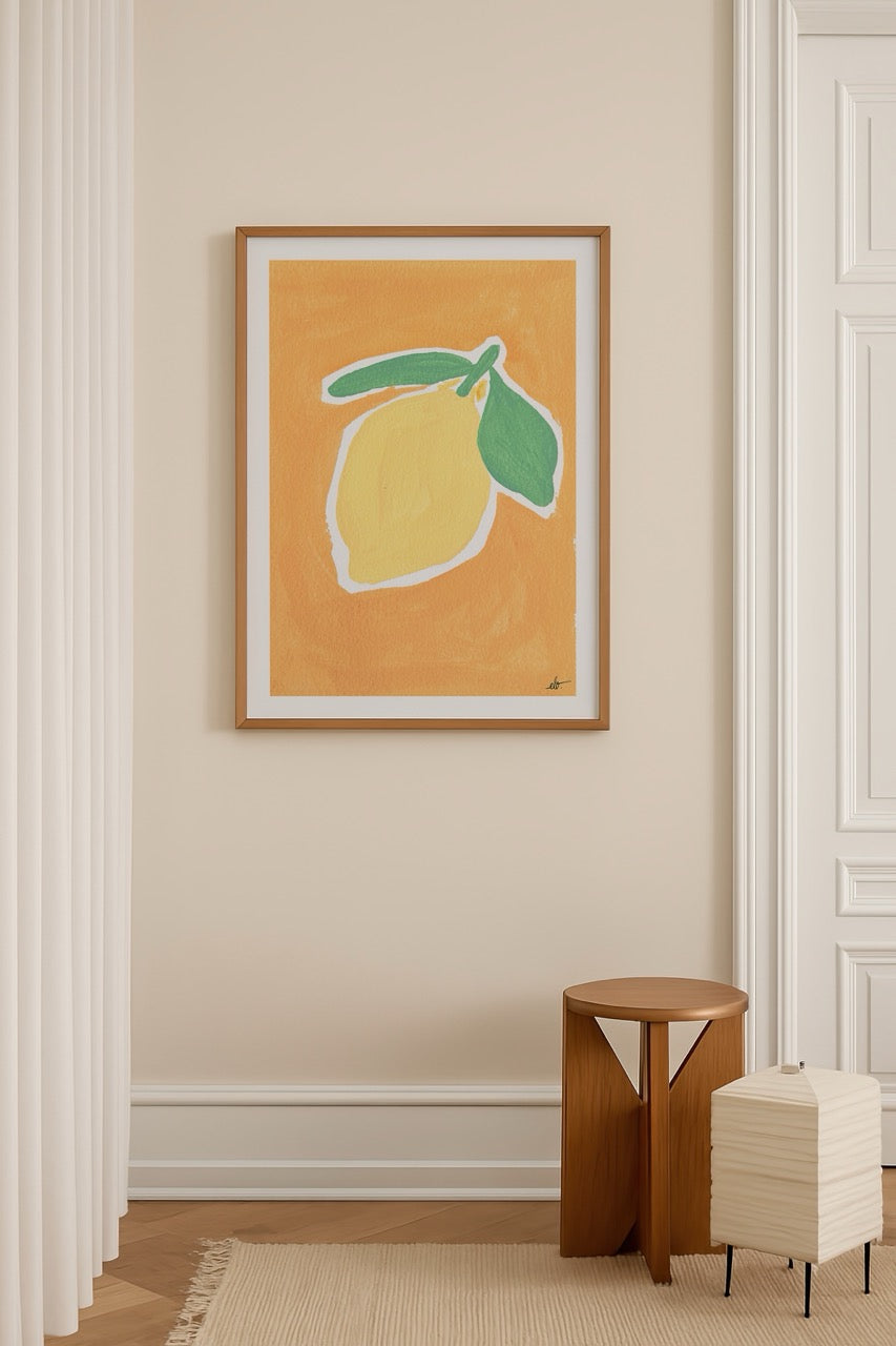A vibrant pastel poster print featuring a lemon on an orange background.