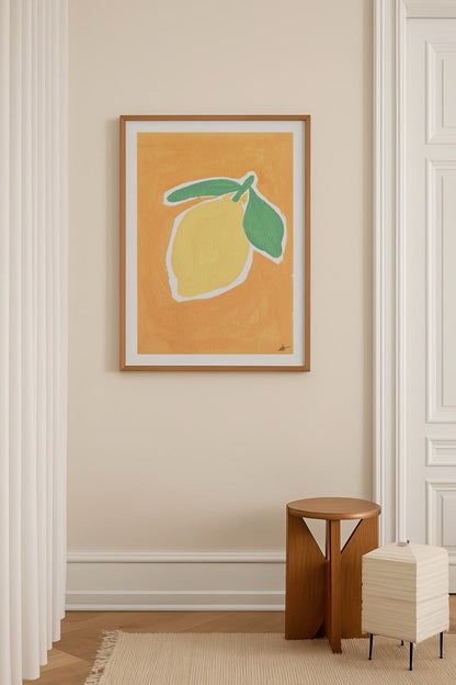 A vibrant pastel poster print featuring a lemon on an orange background.