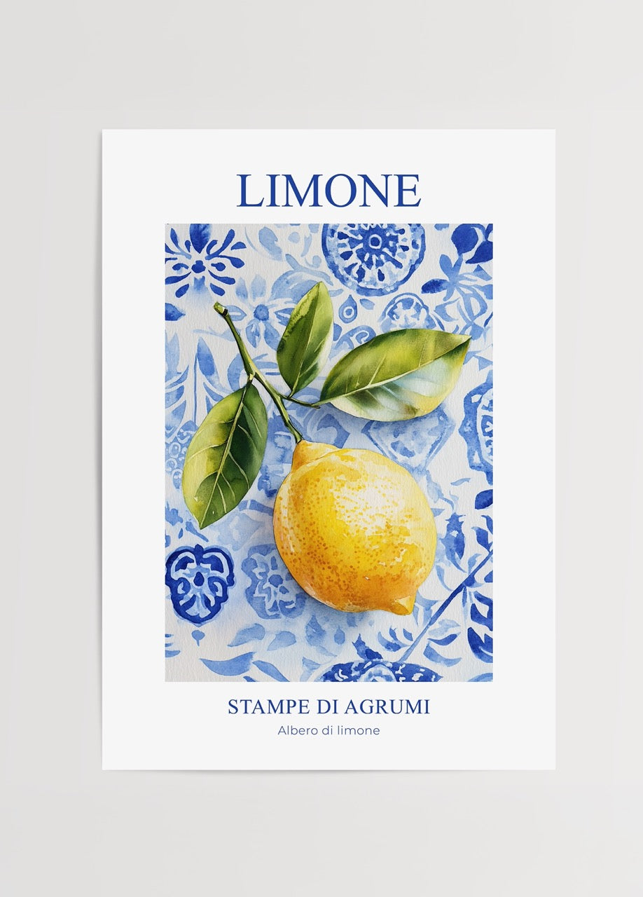 Vibrant lemon art print with blue floral background for interior styling.