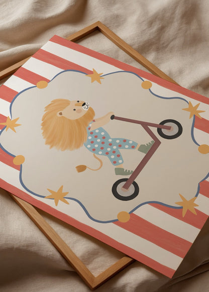 A playful lion riding a scooter in a vibrant striped background.