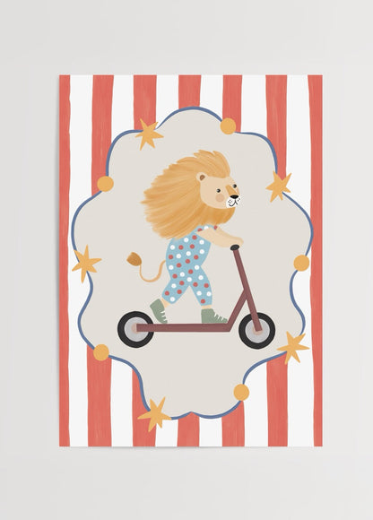 A playful lion riding a scooter in a vibrant striped background.