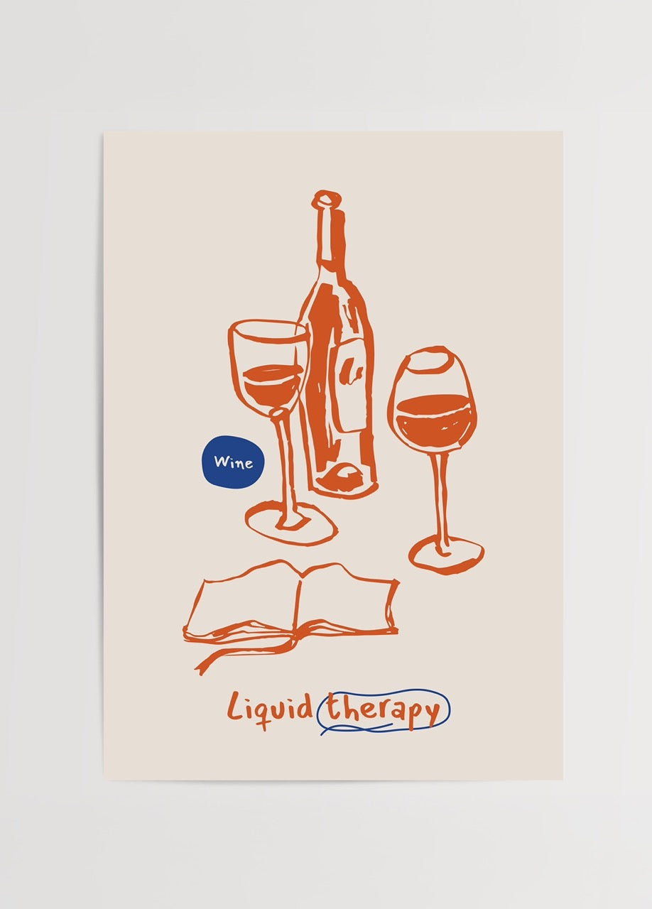 Playful illustration of wine glasses and a book, capturing the essence of relaxation.