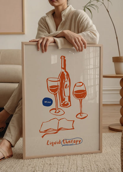 Playful illustration of wine glasses and a book, capturing the essence of relaxation.